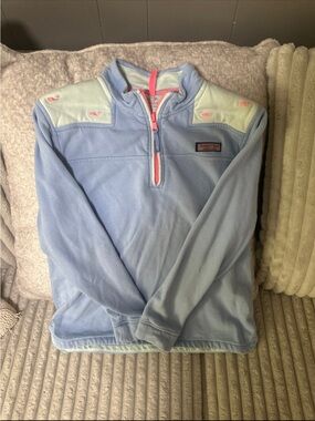 Vineyard Vines Pastel Blue Fleece Shep Pullover with Pink Accents